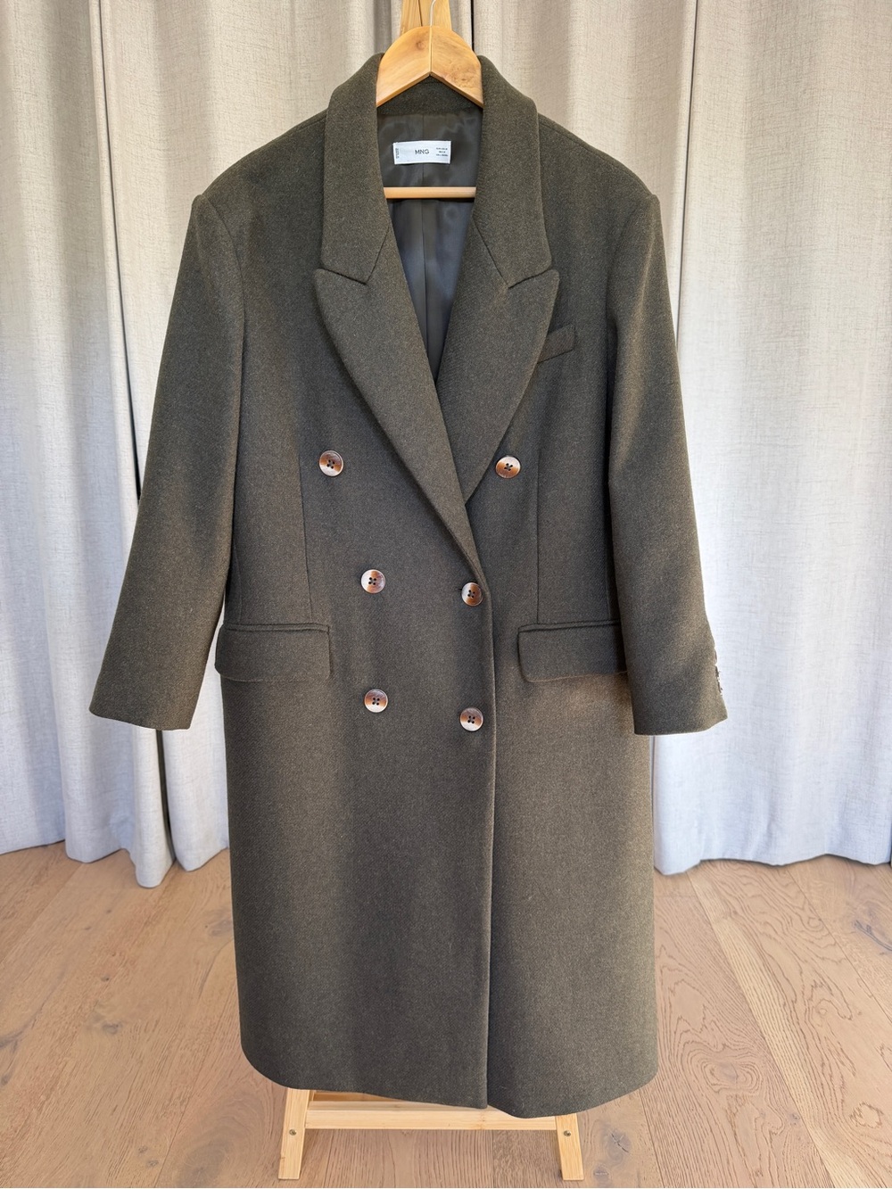 Mango Double-Breasted Pea Coat in Dark Olive